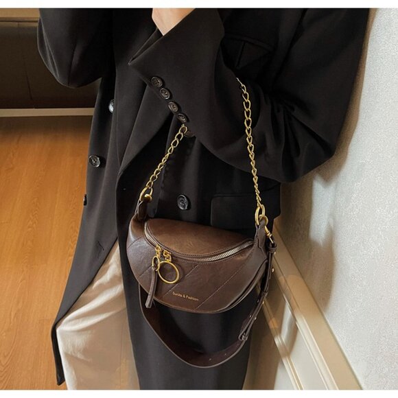 Brown Quilted Crescent Shoulder Bag - Picture 2 of 5